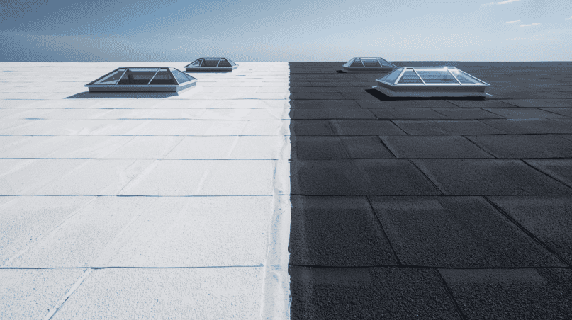 Visuel d'une applicaiton de peinture thermo réfléchissante sur une toiture bitumineuse