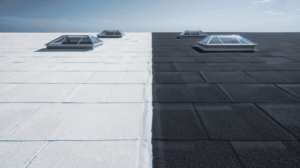 Visuel d'une applicaiton de peinture thermo réfléchissante sur une toiture bitumineuse