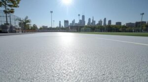 Visuel illustrant l'application d'une peinture thermo réfléchissante sur un sol urbain